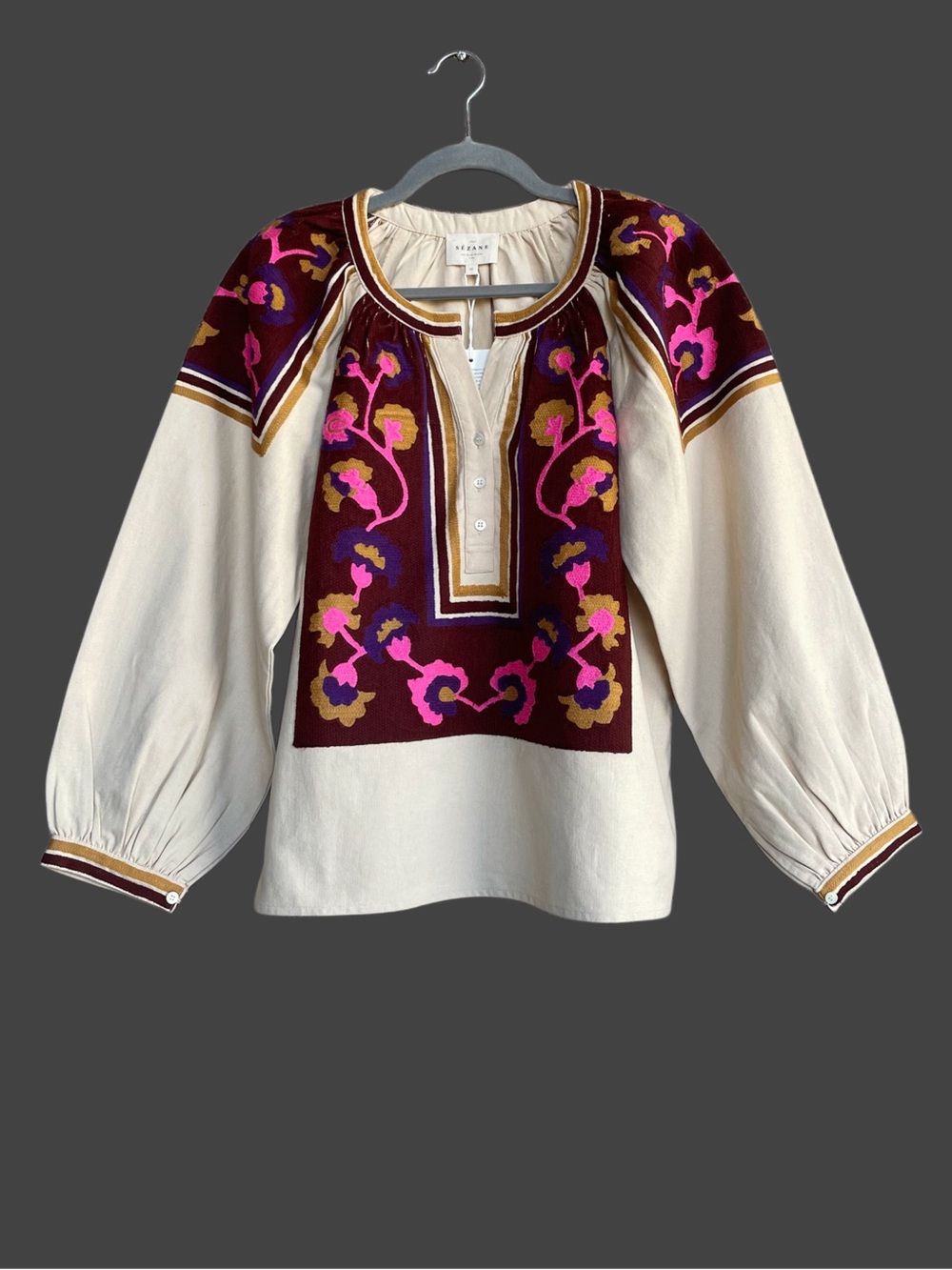 SEZANE NWT Cream Purple Yellow Boho Floral Embroidered Puff Sleeve Tunic Top